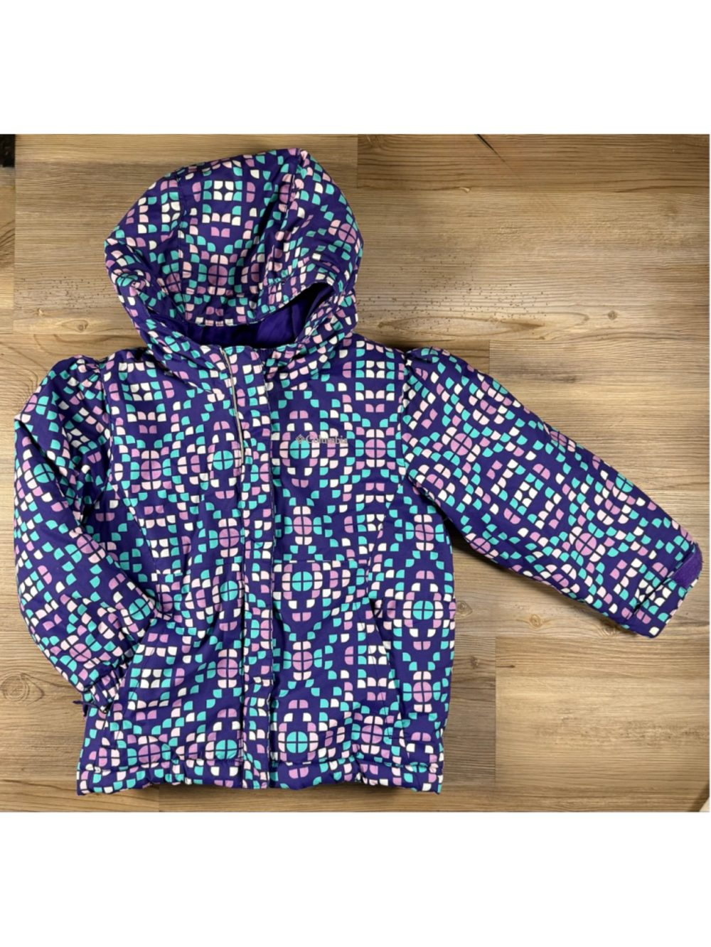 Girls Columbia Puffer Jacket Size 4T Purple Blue Geometric Pattern